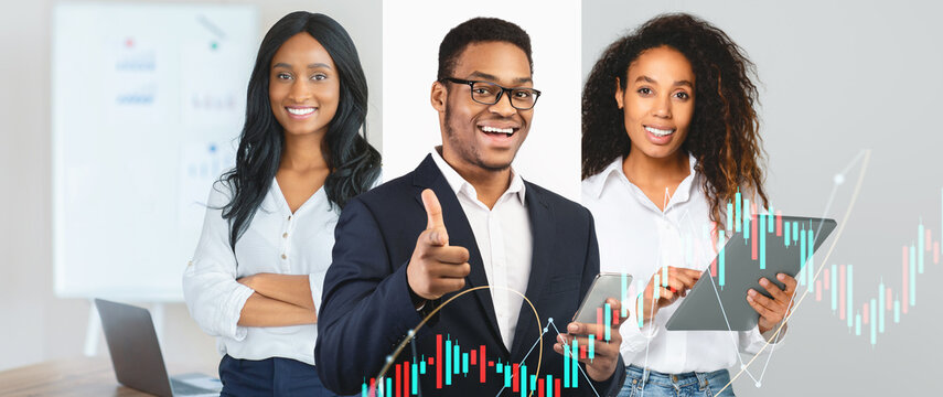 Three business professionals pose in a contemporary office environment, discussing strategies while analyzing digital graphs. They appear confident and engaged. - Powered by Adobe