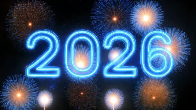 Glowing Neon 2026 Numbers With Exploding Fireworks Display Celebration New Year Eve Party Countdown Festive Background - Powered by Adobe