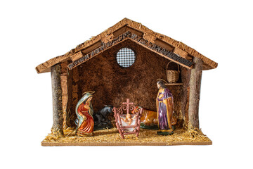 A representation of Christmas with a nativity scene featuring the figures of Mary, Joseph, and the baby Jesus, isolated on a white background.