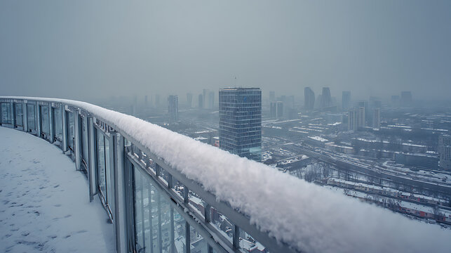 Overlooking a tranquil, snow-covered cityscape from a high-rise balcony, the serene scene evokes a sense of urban calm and winter's quiet beauty. A peaceful escape. - Powered by Adobe