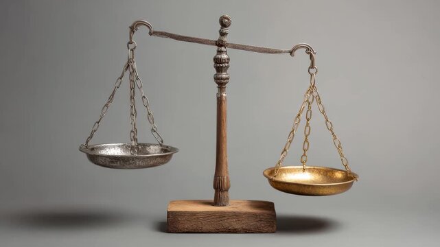 Balanced scales represent fairness and justice in a minimalist setting showcasing metal and wood materials