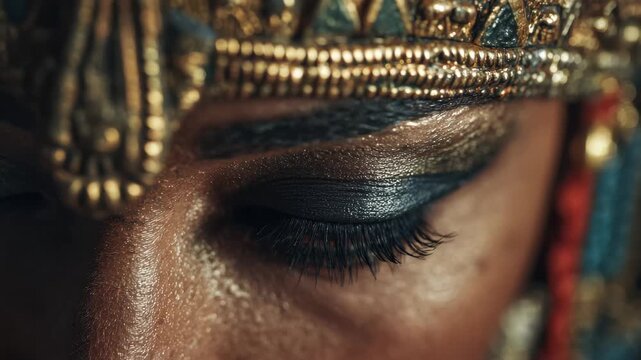 Close-up of an intense gaze showcasing intricate headpiece and expressive eye makeup in a dramatic lighting setting