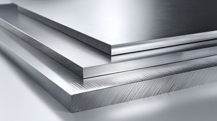 Close-up showcases stacked, smooth metal sheets, reflecting light. The layered arrangement highlights depth and texture, ideal for industrial or modern design concepts.