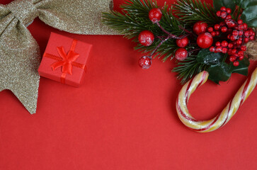 New Year's branch with berries, a gift and a New Year's bow on a red background. New Year.