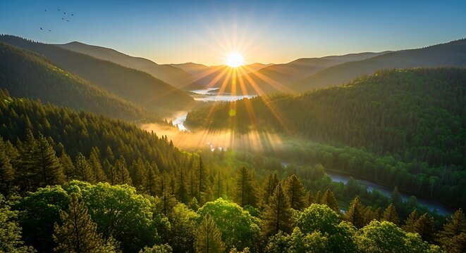 Sunrise over mountain range with valley and river scenic landscape view - Powered by Adobe