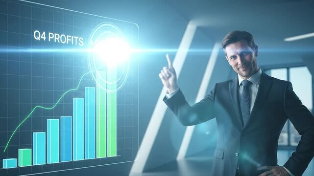 Businessman Pointing at Futuristic Digital Bar Chart Illustrating Exponential Growth