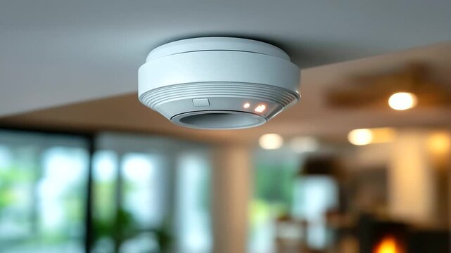 Modern white detector, mounted ceiling device, home interior safety, fire alarm system, electronic device protection, building security equipment, home safety measure, defocused in