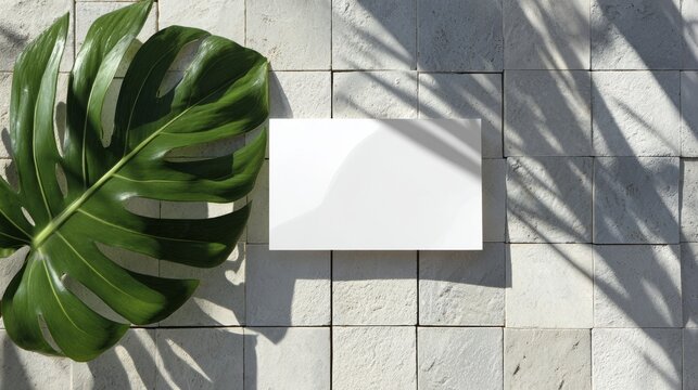 Blank white business card mockup on ceramic tile with geometric shadows