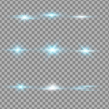 Collection of bright blue light flares starbursts and streaks