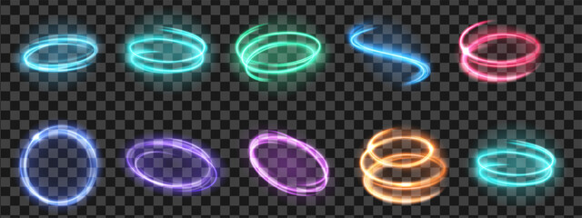 Abstract glowing light trails, colorful neon spiral effects set © Siam