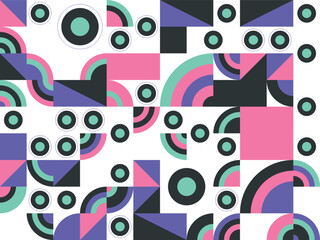 Colorful retro seamless vector pattern with hearts, dots, and artistic circle decoration for a fun backdrop design