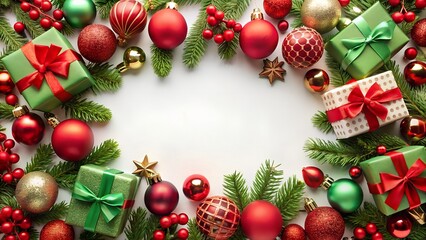 christmas frame with fir branches and decorations christmas, frame, branch, border, december, new year, season, bauble, illustration, christmas tree, green, wreath, tree, decoration, ball, xmas, pine,