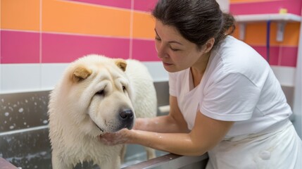 A woman gently bathes a fluffy white dog in a colorful pet grooming salon. The dog looks calm and the setting is bright and cheerful. This image captures the bond between pets and caregivers. AI