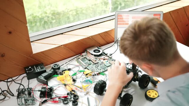 Top view of happy student study car model construction at table with electronic equipment and laptop display coding program screen scatter around at STEM classroom. Creative education. Edification