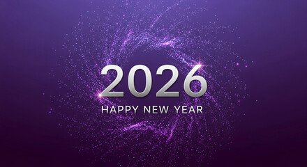 Naklejka premium Image with silver number 2026 on a purple background with sparkling lights, representing festive event, celebration of future new year