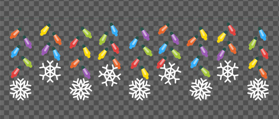 Christmas lights and snowflakes pattern on transparent background