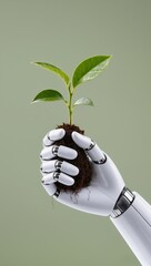 White futuristic robotic hand gently holding a young green plant with soil against soft green background - sustainable technology, eco innovation and harmony between nature and AI