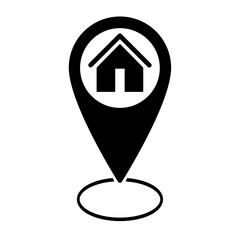 Black location pin icon with house symbol above circular map marker representing home address, geolocation, navigation, and real estate positioning