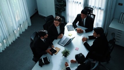 Top view of manager working on laptop and sending data analysis to business people by using VR glass headset while diverse team moving gesture while working together to planning idea. Directorate. - Powered by Adobe