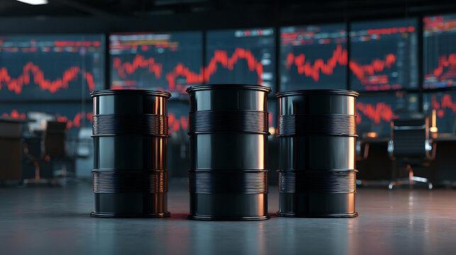 Three black oil barrels sit in a room with declining stock charts in the background, symbolizing market volatility and the energy sector's challenges during economic downturns. - Powered by Adobe
