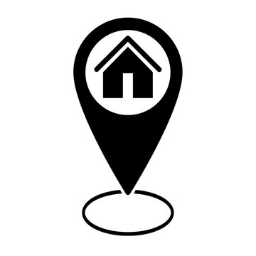 Black location pin icon with house symbol above circular map marker representing home address, geolocation, navigation, and real estate positioning