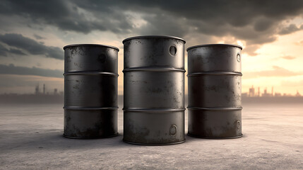 Three metal drums stand silhouetted against a dramatic sky, hinting at industrial themes and environmental concerns. The cityscape background adds depth. #Industrial #Environment