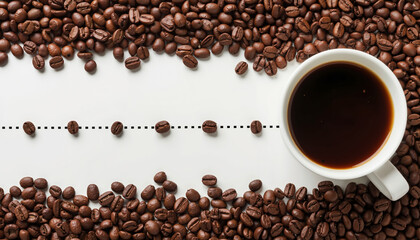 Fototapeta premium Coffee cup on white background surrounded by roasted coffee beans 