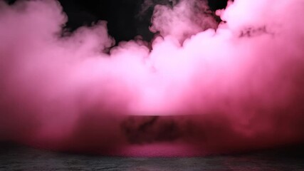 Vibrant stage surrounded by colorful smoke in a dark setting, ideal for performances or events