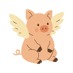 Cute cartoon piglet with wings. Adorable flying pig flat vector farm animal illustration for childrens fantasy and playful designs