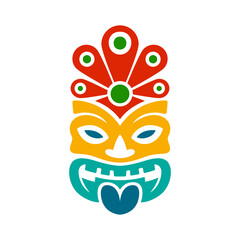 Obraz premium Ornamental tiki mask with peacock feather crown and bright tribal design. Vector Polynesian decorative face illustration for tropical culture
