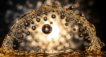 Water splashes creating droplets with golden background light  