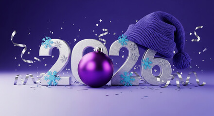 Silver numerals for "2026" with snowflake accents, a purple bauble, and a knitted cap on a purple surface, representing upcoming New Year celebration