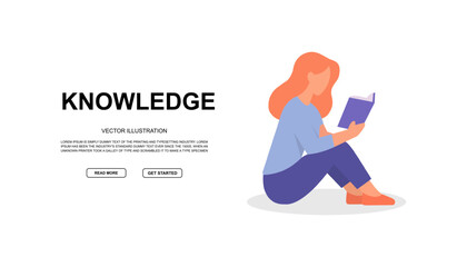 Minimal banner with red-haired woman reading book and KNOWLEDGE heading in flat style
