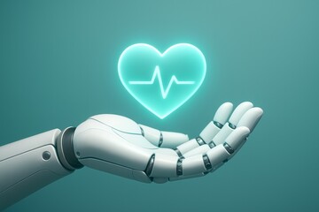 White futuristic robotic hand holding glowing heart with heartbeat line - concept of AI healthcare, digital wellness and medical innovation