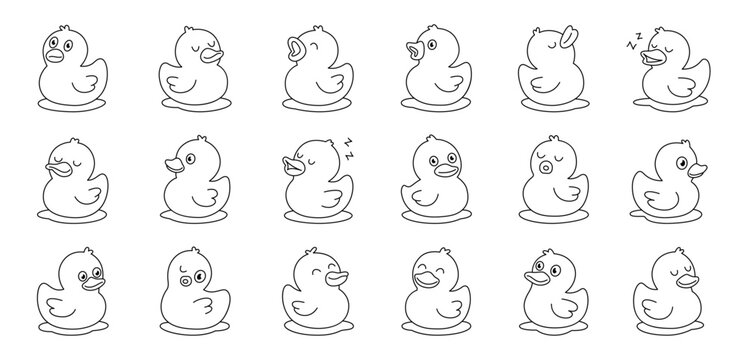 Set of outline rubber ducks in different poses. Simple vector line art for coloring pages, clipart, and kids projects.
