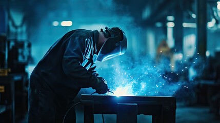 Worker welding metal with bright sparks and blue smoke in a factory. AI-generated image