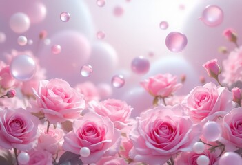 Ethereal Dreamy Pink Roses Bouquet with Floating Glossy Spheres on a Pastel Background 