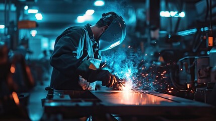 Worker welding metal with bright sparks and blue smoke in a factory. AI-generated image