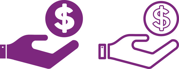 Purple hand holding dollar coin finance payment icon vector illustration