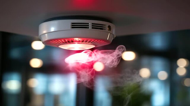 Smoke triggering detector, fixed ceiling device, activating alarm system, red light warning, emergency alert active, fire safety response, home protection activation, defocused smo