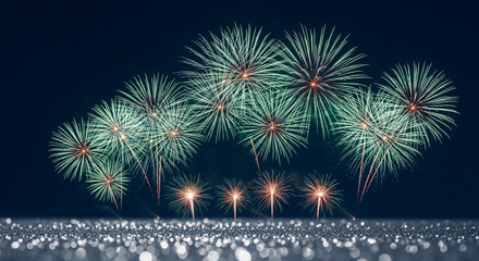 Fototapeta premium Image of bursting teal and orange fireworks against a night sky over a blurred, sparkling foreground, symbolizing celebration and festive event