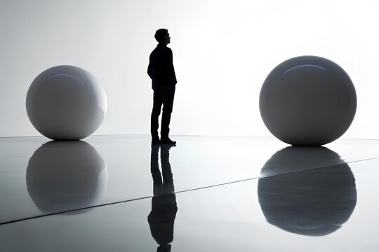 Silhouetted figure between two glossy white spheres in a bright minimalist space, evoking themes of symmetry, contrast, and contemplation - Powered by Adobe