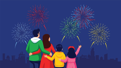 Modern flat vector illustration of a family watching colorful fireworks on New Year’s Eve, celebrating happily outdoors together. Ideal for holiday design, festive content, and celebration themes