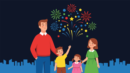 Modern flat vector illustration of a family watching colorful fireworks on New Year’s Eve, celebrating happily outdoors together. Ideal for holiday design, festive content, and celebration themes
