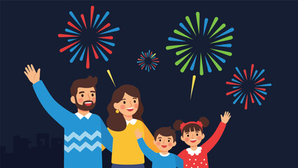 Modern flat vector illustration of a family watching colorful fireworks on New Year’s Eve, celebrating happily outdoors together. Ideal for holiday design, festive content, and celebration themes