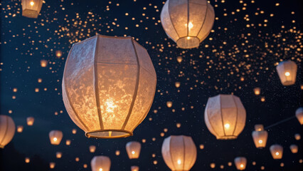 Fototapeta premium Mystical carnival illustration. Floating lanterns illuminate night sky with mystical and enchanting glow