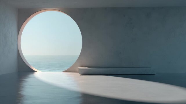 Modern architectural interior featuring a circular window overlooking the ocean in a serene coastal environment during daytime