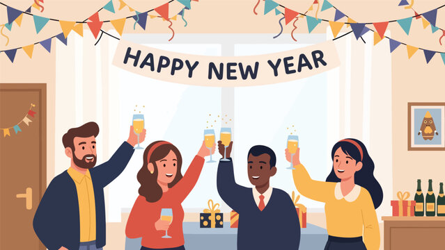 Modern flat vector illustration of people clinking sparkling drinks during a New Year toast. Ideal for festive branding, party celebration content, and holiday visuals