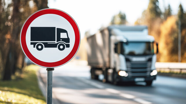No trucks road sign in focus with a blurred freight truck driving on a highway in the background, highlighting transport regulations and traffic control.