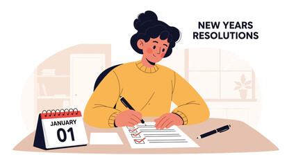 Modern flat vector illustration of a person writing New Year resolutions with a checklist and calendar. Ideal for motivation, planning content, and lifestyle design